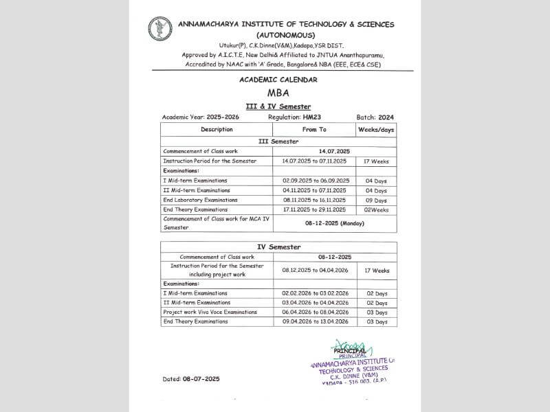 Academic Calendar MBA III and IV Sem HM23